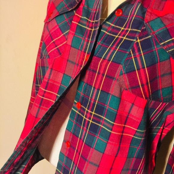 CARRE AU SPORT- Red/Green Plaid Button down Top-S - Picture 5 of 8